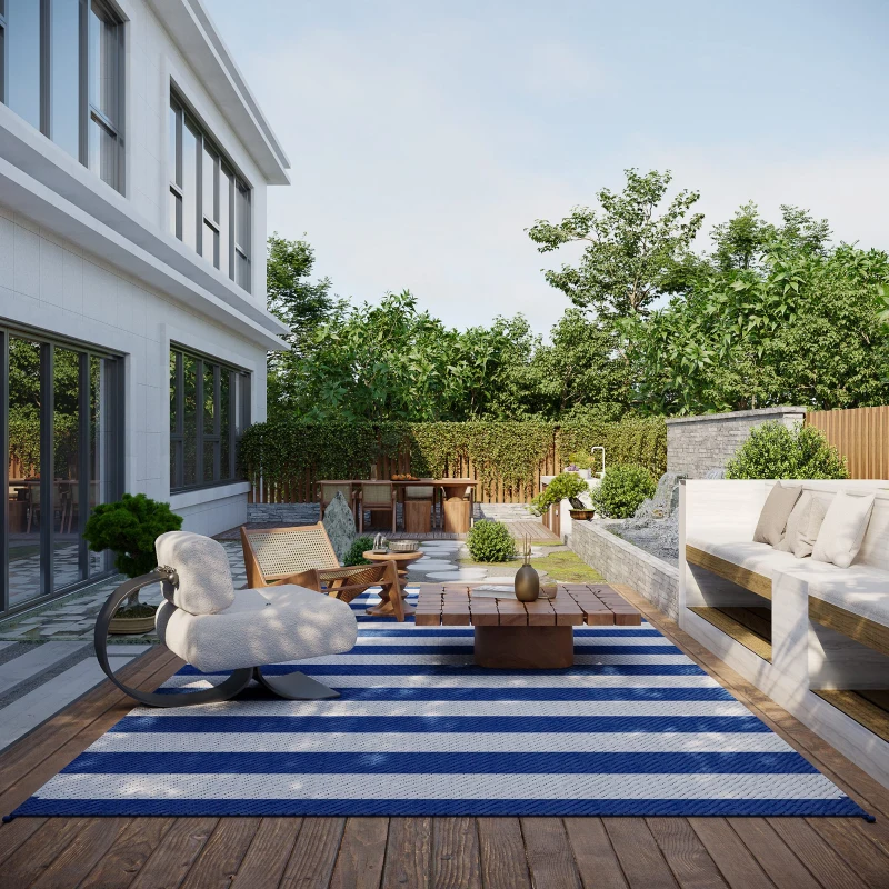 Outsunny Reversible Outdoor Rug, 9' x 18' Waterproof Plastic Straw Floor Mat, Portable RV Camping Carpet, Large Floor Mat for Backyard, Deck, Picnic, Beach, Blue & White Striped