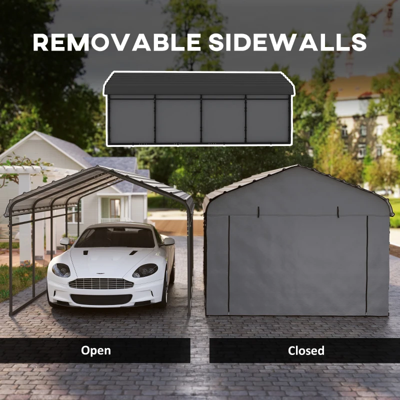 Outsunny 12' x 20' Metal Carport, Heavy Duty Garage Car Canopy with Galvanized Metal Roof and Removable Sidewalls, Dark Gray