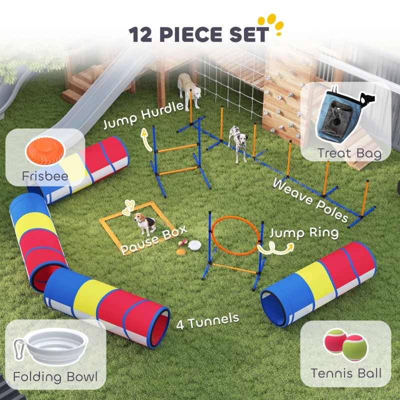 PawHut Dog Agility Training Equipment, 12-Piece Dog Obstacle Course with Adjustable Hurdle & Ring, 4 Tunnels, Weave Poles
