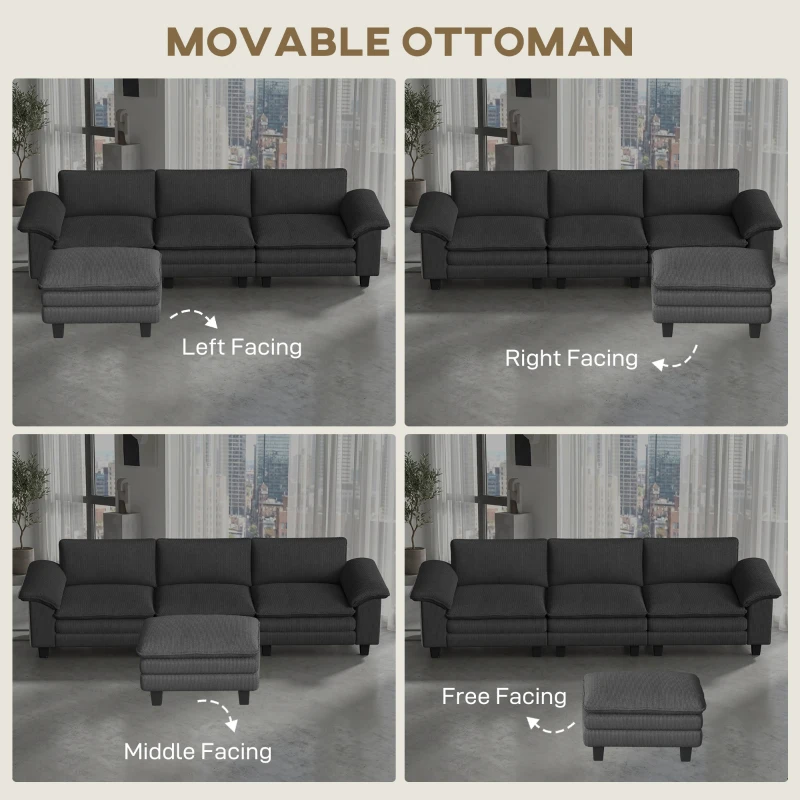 HOMCOM Sectional Sofa, L Shaped Couch with Deep Seat, Movable Ottoman and Pillow-top Armrests, Dark Grey