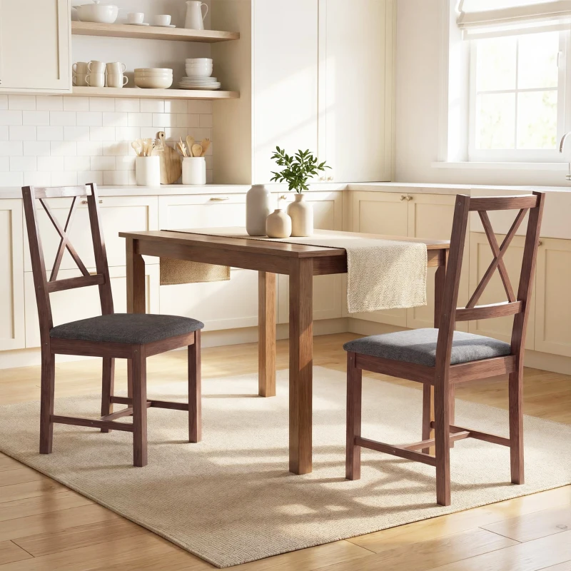 HOMCOM Set of 2 Dining Chairs, Upholstered X-Back Dining Room Chairs with Rubberwood Legs and Padded Seat for Kitchen, Gray