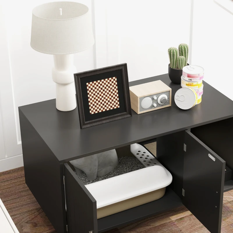 PawHut Cat Litter Box Enclosure, Cat House End Table with Scratcher, Black