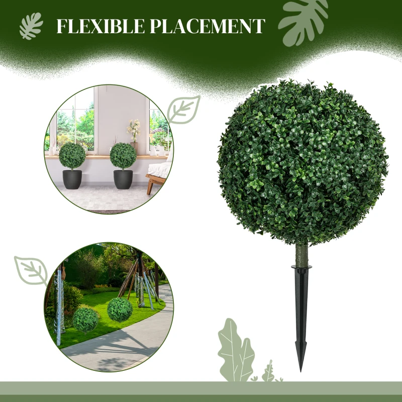 HOMCOM Artificial Boxwood Trees w/ Ground Stake, Set of 2 Ball Shaped Topiary Trees for Home Office & Living Room, UV Resistant