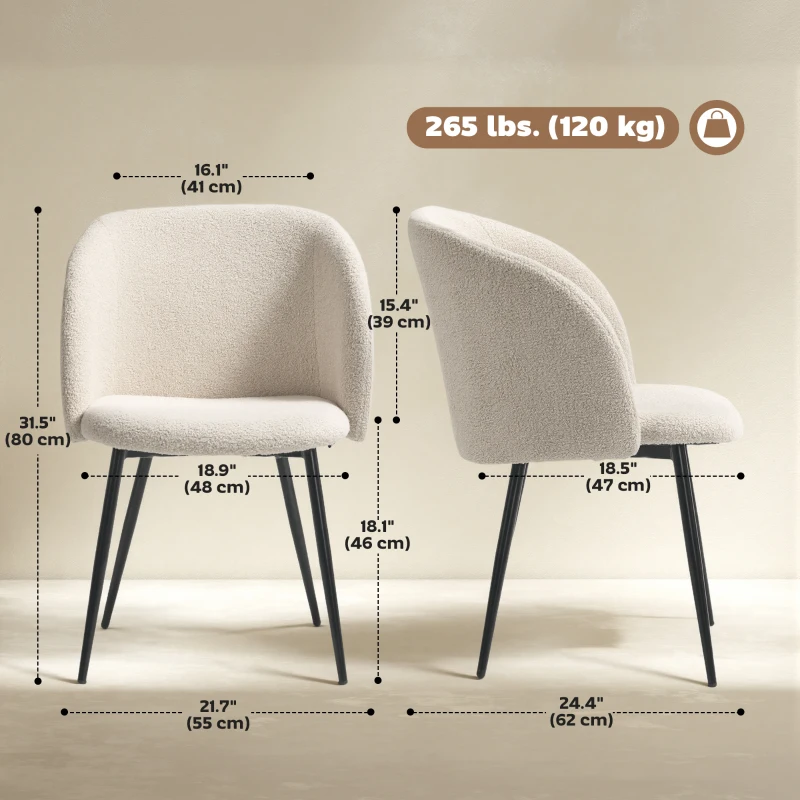 HOMCOM Dining Chairs Set of 2, Sherpa Fleece Upholstered Kitchen Chairs with Backrest and Steel Legs, Cream White