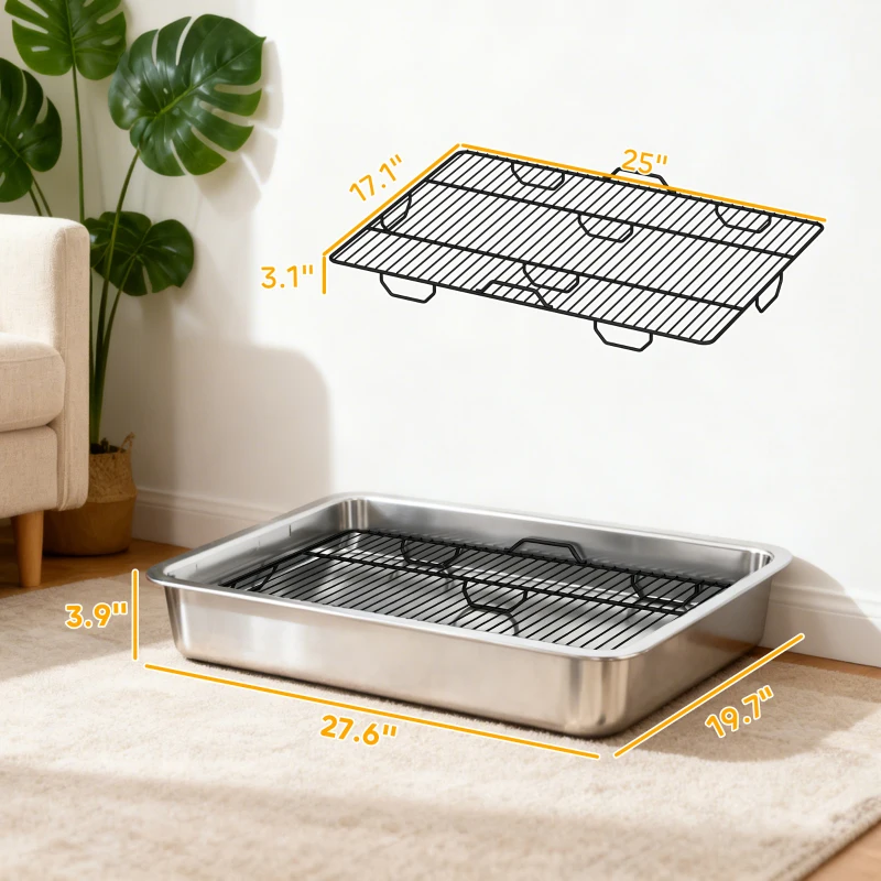 PawHut Dog Potty Tray Stainless Steel for Small and Medium Dogs, Dog Training Tray for Porch, Bathroom, Balcony, 28" x 20" x 4"