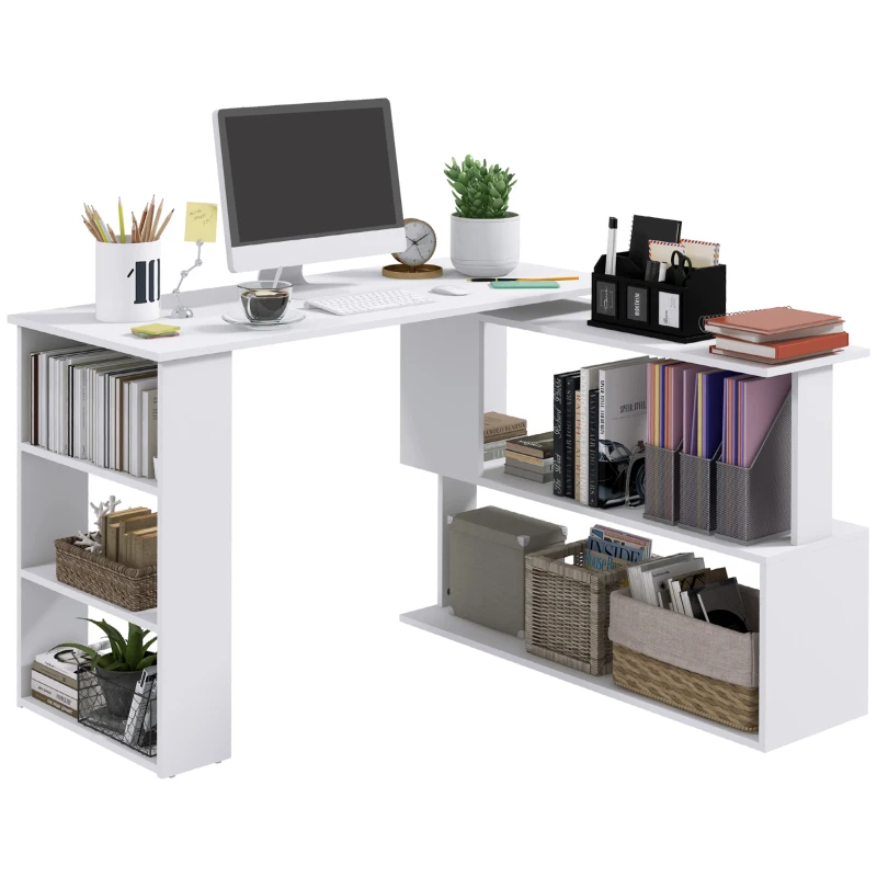 HOMCOM 360° Rotating Home Office Desk L Shaped Corner Computer Desk with Storage Shelves, Writing Table Workstation, White