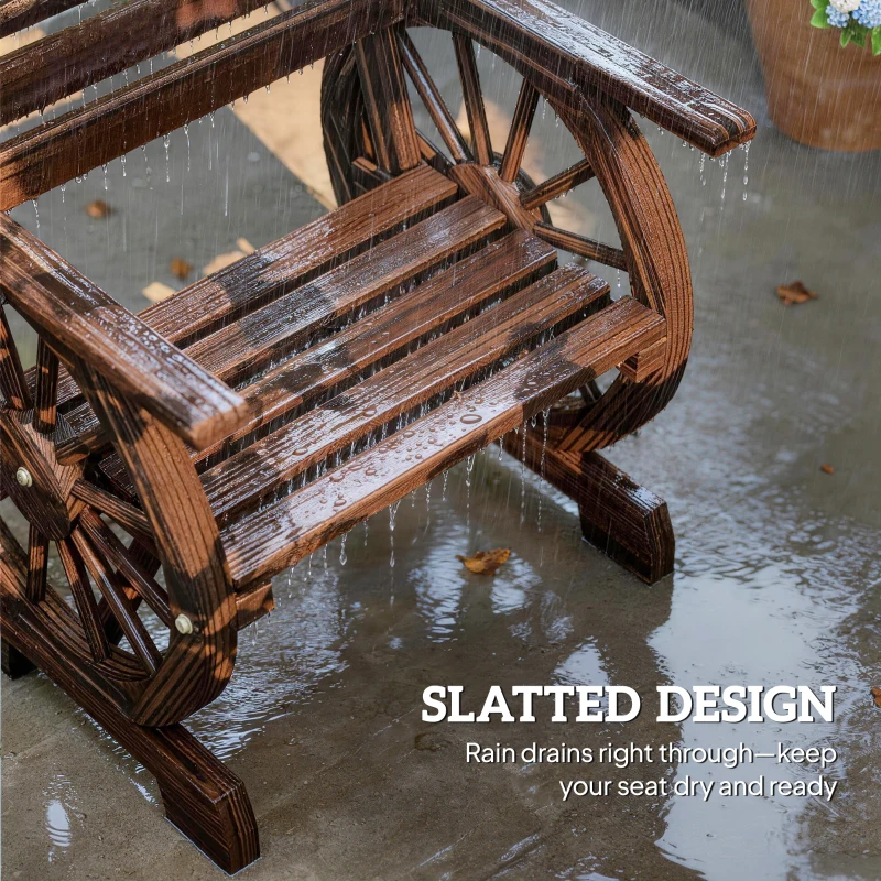 Outsunny Wood Outdoor Patio Chair, Lounge Chair with Wagon Wheel Armrests, Slatted Wide Seat, Slanted Backrest, Carbonized