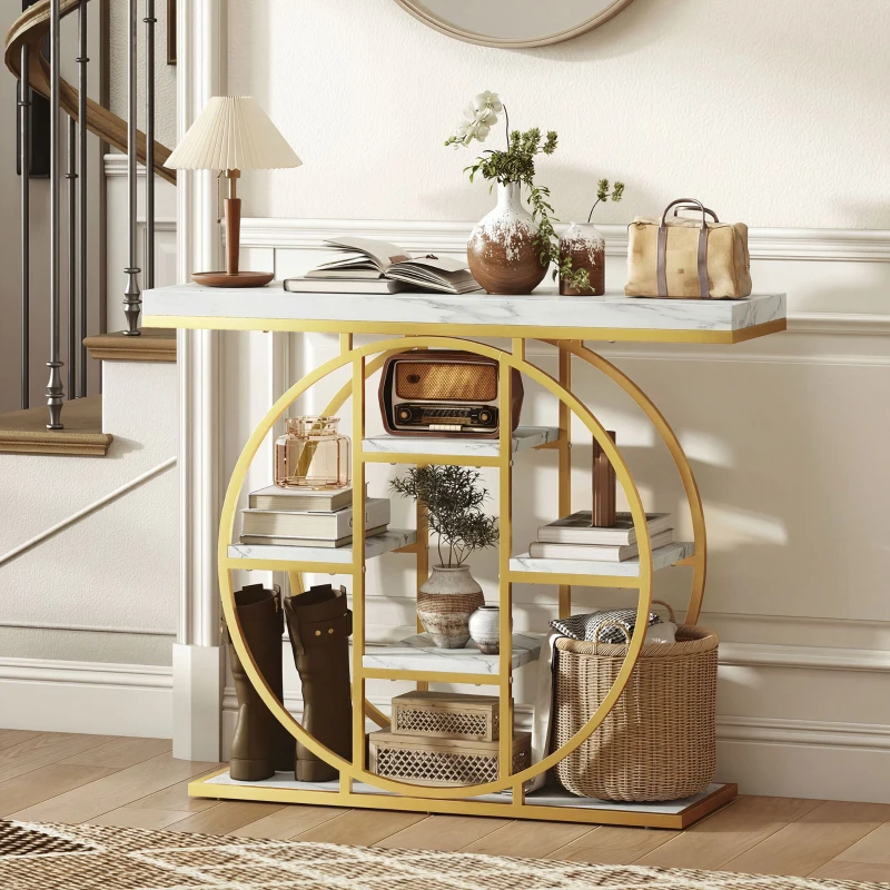 HOMCOM 39.4" Console Table with Storage Shelves, Industrial Sofa Table for Living Room, Hallway, White Marble Effect