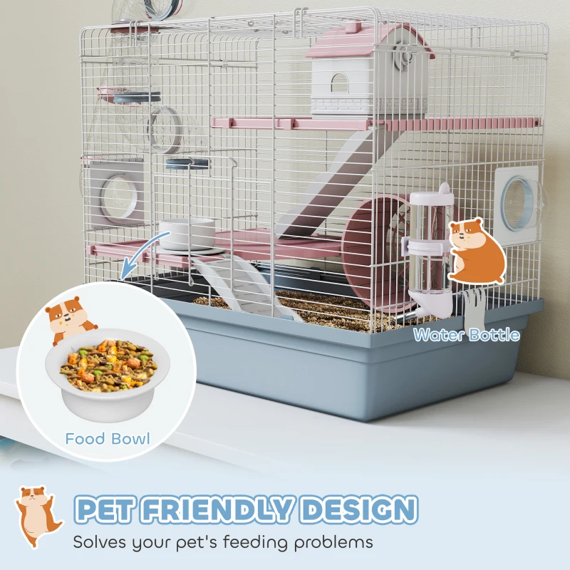 PawHut Hamster Cage, 3-Tier Small Animal Cage with Exercise Wheel, Food Bowl, Water Bottle, House, Tunnels, Ramps