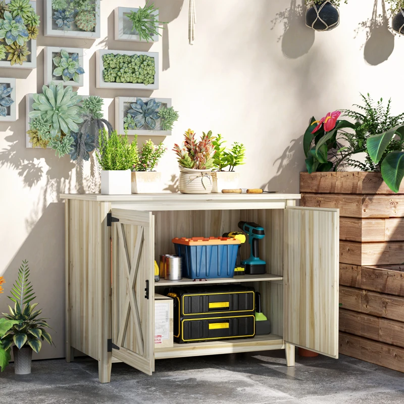 Outsunny Wooden Outdoor Storage Cabinet, Garden Shed Potting Shed with Shelf and Double Doors, Natural Wood