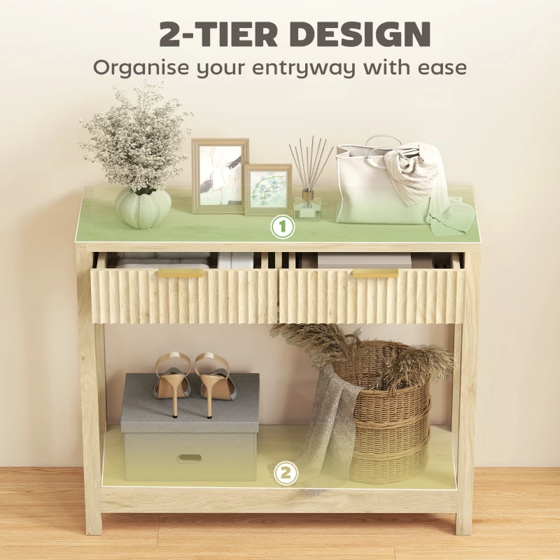 HOMCOM 35" Console Table with Storage, Narrow Entryway Table with Fluted Panel Drawers and Shelf for Hallway, Natural