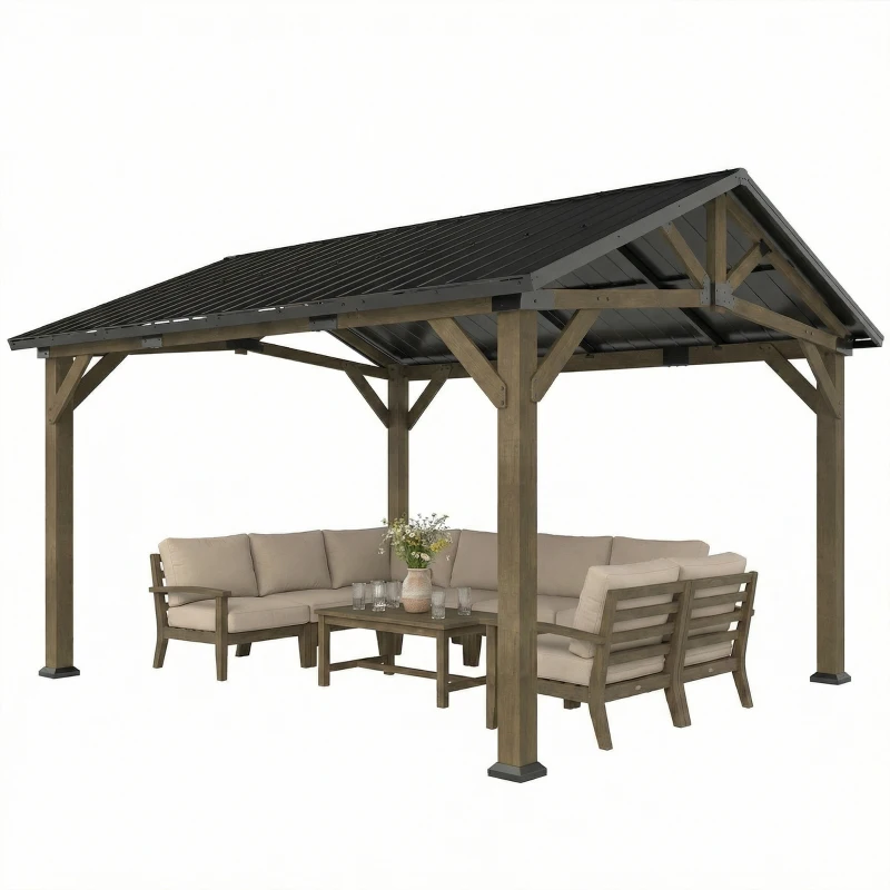 Outsunny 13' x 11' Hardtop Gazebo Canopy with Galvanised Metal Roof, Fir Wood Frame and Central Hook for Patio, Black Grey