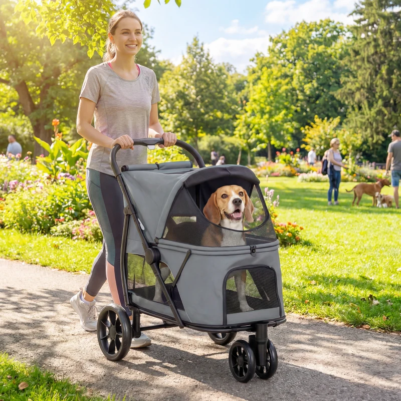 PawHut 3 Wheel Pet Stroller with Easy One-Click Quick Fold, Mesh Window, Washable Cushion, for Medium Dogs, Gray