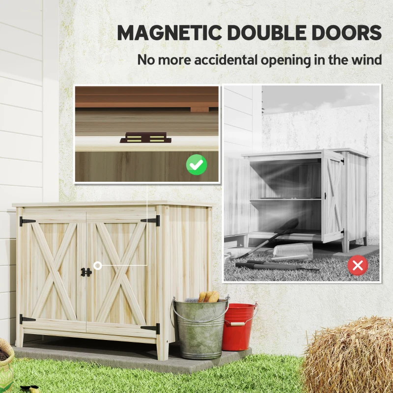 Outsunny Wooden Outdoor Storage Cabinet, Garden Shed Potting Shed with Shelf and Double Doors, Natural Wood