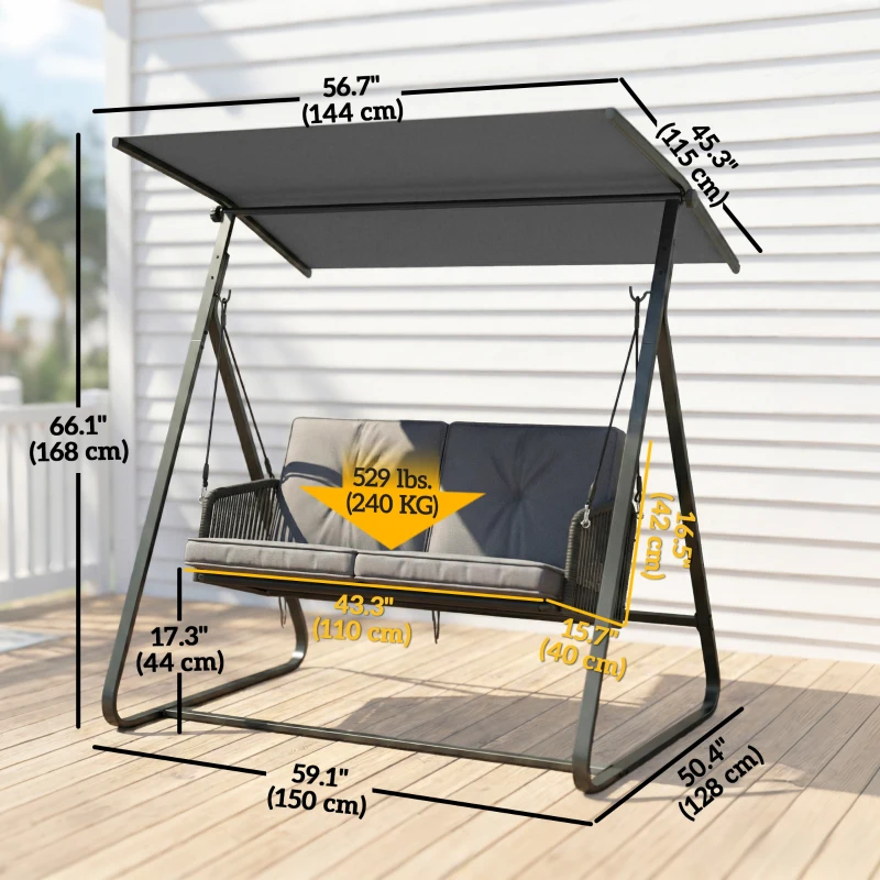 Outsunny 2-Person Outdoor Patio Porch Swing with Adjustable Canopy, Rattan Hanging Swing Bench with Soft Cushions
