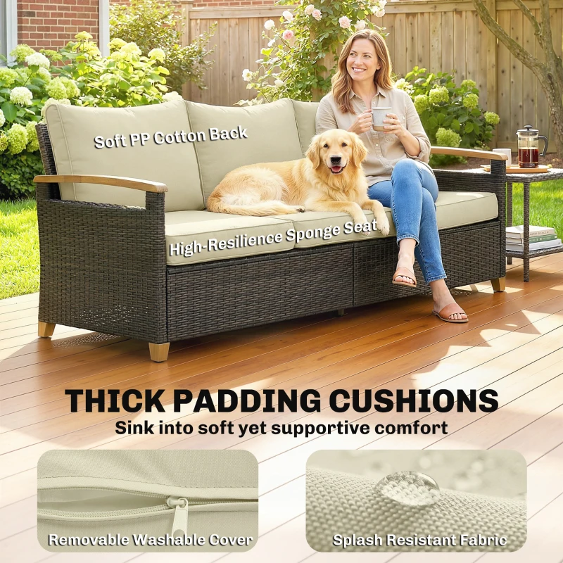 Outsunny 3 Seater Outdoor Couch Sofa, PE Wicker Patio Sofa, Wide Deep Seat, 4" Cushions, Wood-Effect Armrests Legs, Beige