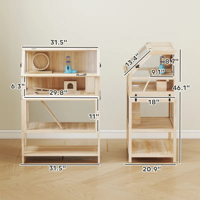 PawHut Wooden Hamster Cage with Detachable Lower Floor, Storage Shelf, Hut, Seesaw, Exercise Wheel, Ramps for Dwarf
