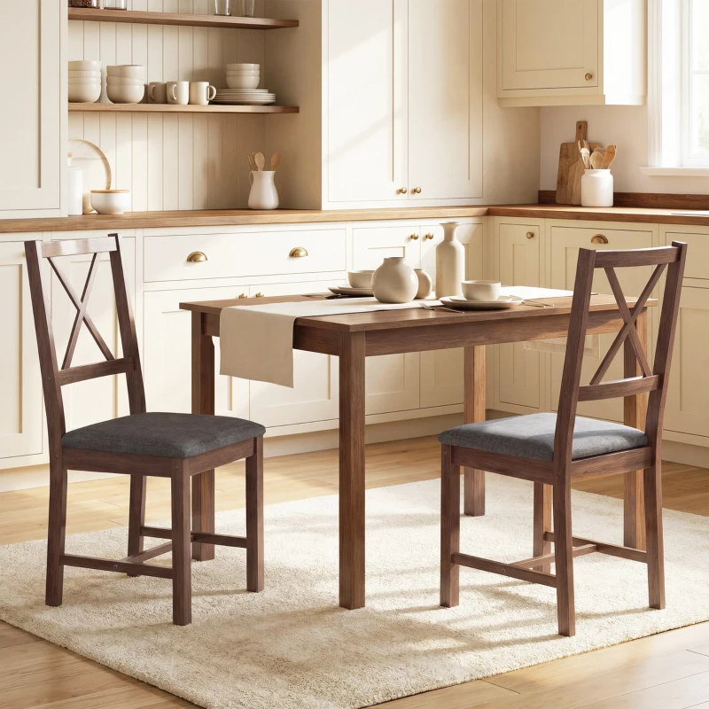 HOMCOM Set of 2 Dining Chairs, Upholstered X-Back Dining Room Chairs with Rubberwood Legs and Padded Seat for Kitchen, Gray