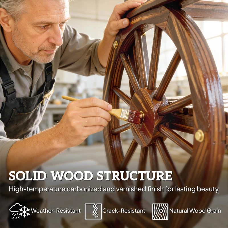 Outsunny Wood Outdoor Patio Chair, Lounge Chair with Wagon Wheel Armrests, Slatted Wide Seat, Slanted Backrest, Carbonized