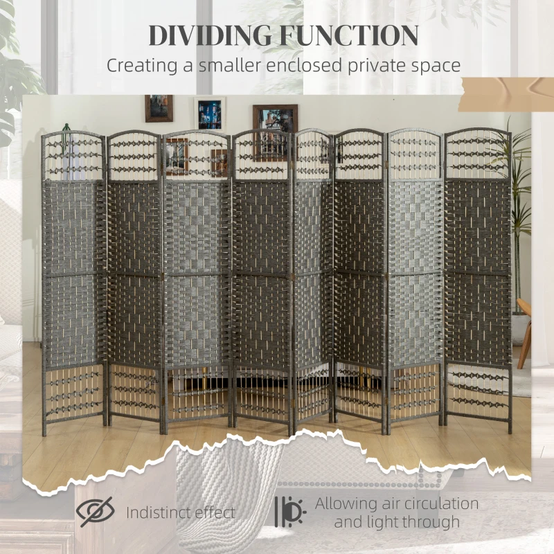 HOMCOM 8 Panel Folding Room Divider Portable Privacy Screen Wave Fiber Room Partition for Home Office Dark Gray