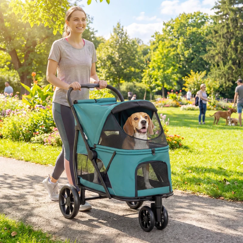 PawHut 3 Wheel Pet Stroller with Easy One-Click Quick Fold, Mesh Window, Washable Cushion, for Medium Dogs, Dark Green