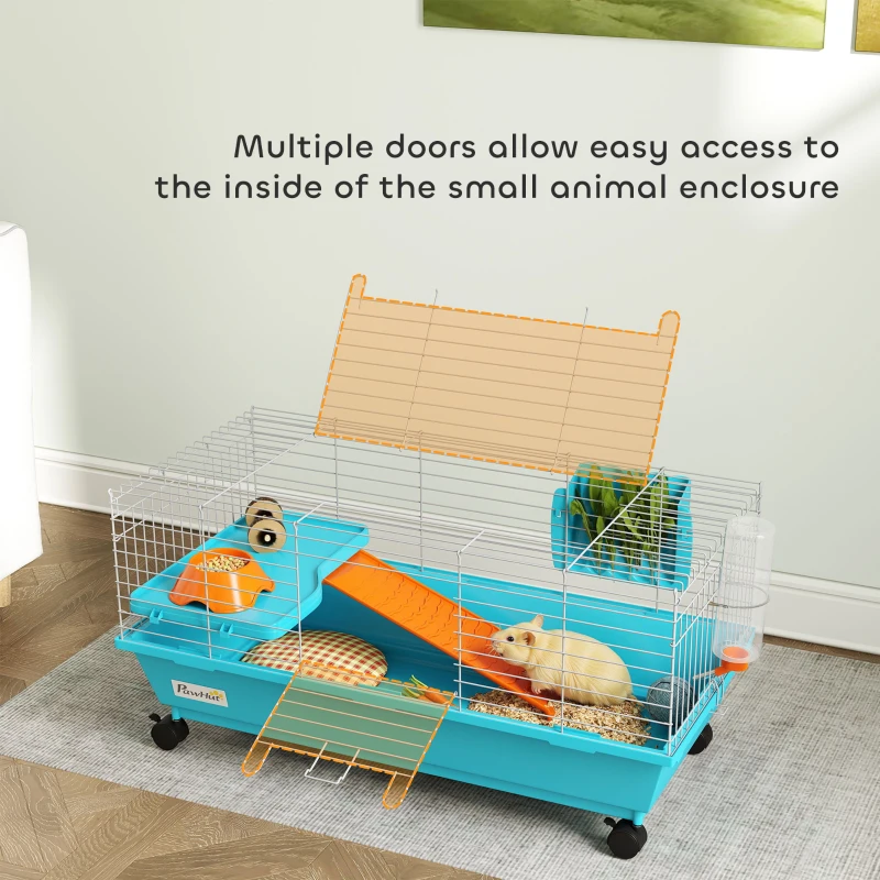 PawHut 35"L Small Animal Cage, Rolling Bunny Cage, Guinea Pig Cage with Wheels, Food Dish, Water Bottle, Hay Feeder, Blue