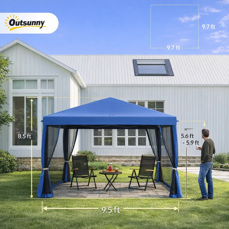 Outsunny 10' x 10' Pop Up Canopy Tent with Netting, Instant Gazebo, Screen House Room with Carry Bag, Height Adjustable, for Outdoor, Garden, Patio, Camping, Blue