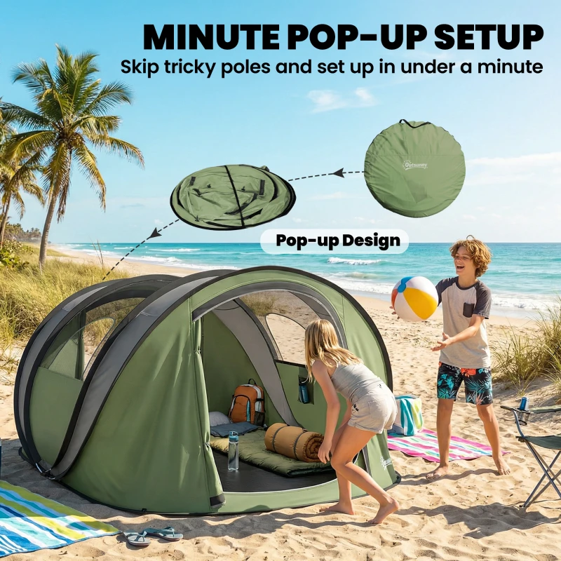 Outsunny Family Tent  Pop-Up Camping Tent with 2 Doors 2 Windows for 4-5 Person Waterproof Green