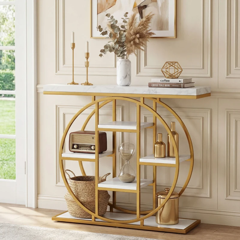 HOMCOM 39.4" Console Table with Storage Shelves, Industrial Sofa Table for Living Room, Hallway, White Marble Effect