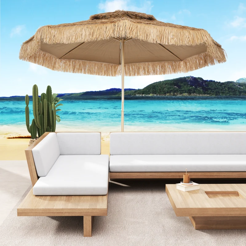 Outsunny 10 ft. Hula Thatched Tiki Patio Outdoor Umbrella with 8 Ribs, UPF30+, for Garden, Backyard, Deck, Pool, Natural