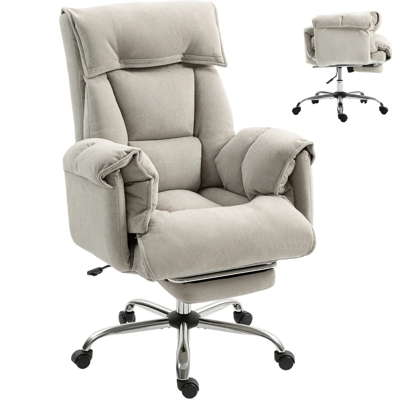 HOMCOM High Back Office Chair, Reclining Desk Chair with Footrest, High Resilience Foam, Rolling Wheels, Light Taupe Gray