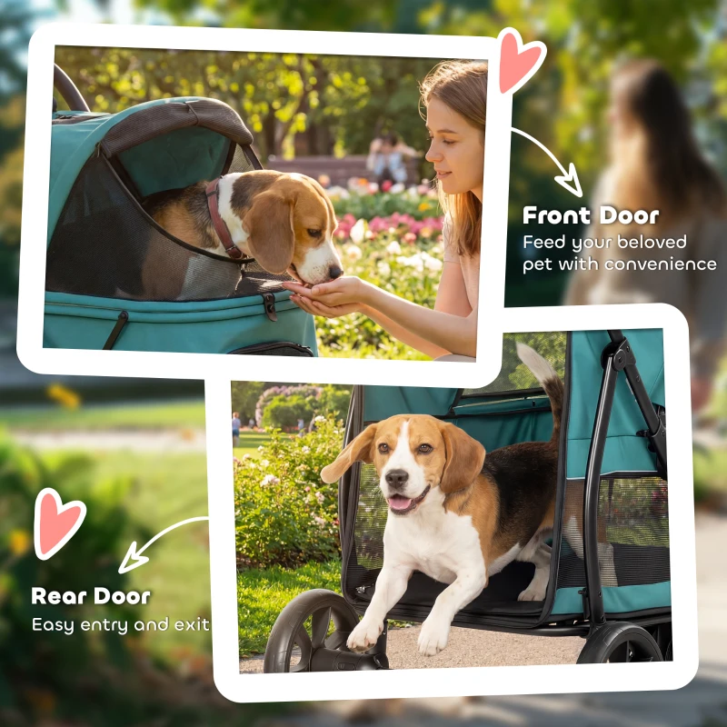 PawHut 3 Wheel Pet Stroller with Easy One-Click Quick Fold, Mesh Window, Washable Cushion, for Medium Dogs, Dark Green