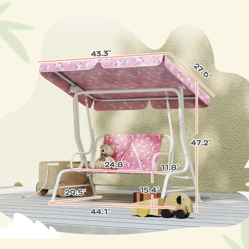 Qaba Kids Porch Swing, 2-Seater Patio Swing Bench with Safety Belts, Adjustable Canopy for Backyard, Garden, Pink