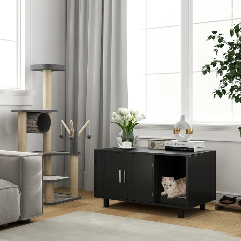 PawHut Cat Litter Box Enclosure, Cat House End Table with Scratcher, Black