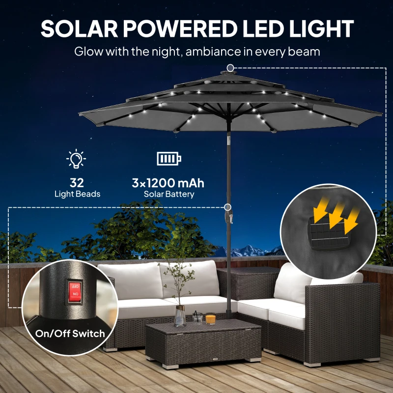 Outsunny 9.7 ft Outdoor Patio Umbrella with Solar LED Lights, 3 Tier Outdoor Table Umbrella with Tilt, Crank, Black