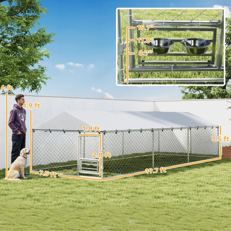 PawHut Dog Kennel Outdoor Dog Run Waterproof UV-Resist Cover Lockable Door Adjustable Bowls 20 x 7.5 x 5ft