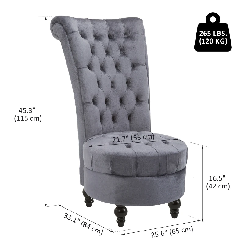 HOMCOM 45" Tufted High Back Velvet Accent Chair Living Room Soft Padded Couch Lounge Ash Grey