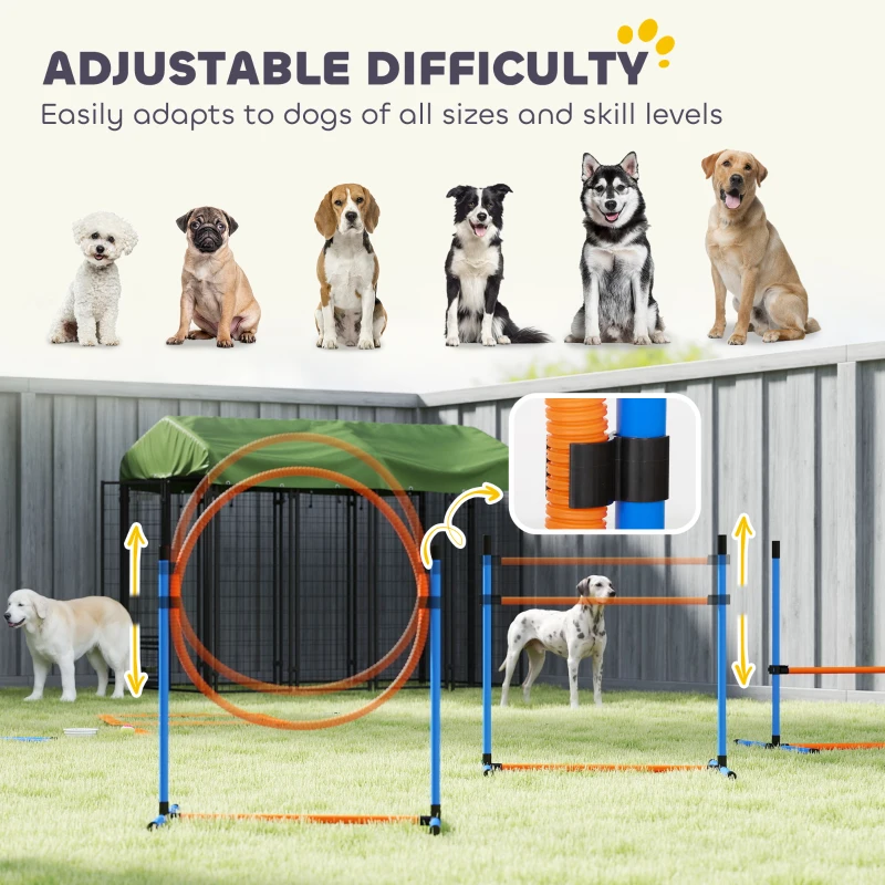 PawHut 11-Piece Dog Agility Training Equipment Set, Pet Obstacle Course with 2 Tunnels, Adjustable Jumps, Orange Blue