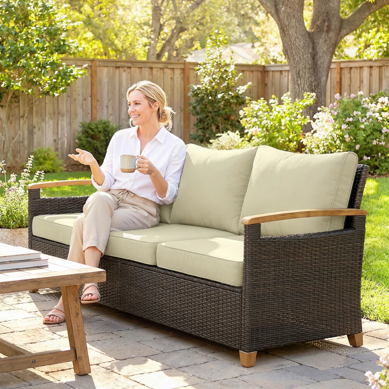 Outsunny 3 Seater Outdoor Couch Sofa, PE Wicker Patio Sofa, Wide Deep Seat, 4" Cushions, Wood-Effect Armrests Legs, Beige