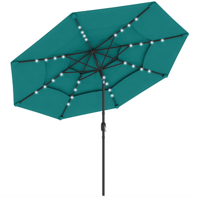 Outsunny 9.7 ft Outdoor Patio Umbrella with Solar LED Lights, 3 Tier Outdoor Table Umbrella with Tilt, Crank, Teal