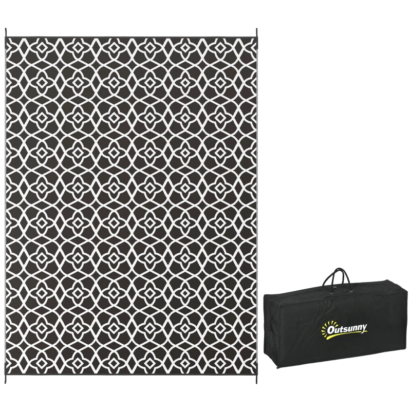 Outsunny Reversible Outdoor Rug Carpet RV Camping Rugs with Carry Bag, 9' x 12', Black & White Clover