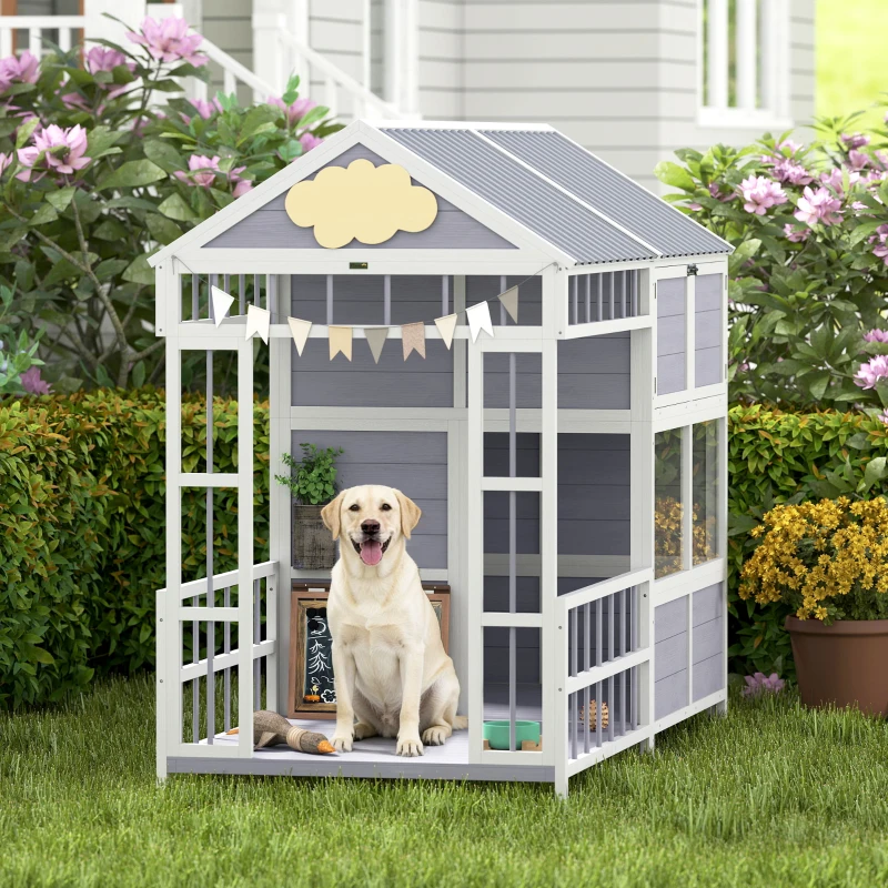 PawHut 79"L Large Dog House Outdoor, Wooden Dog Kennel with Porch, Storage Cabinet,Weatherproof Roof, Windows