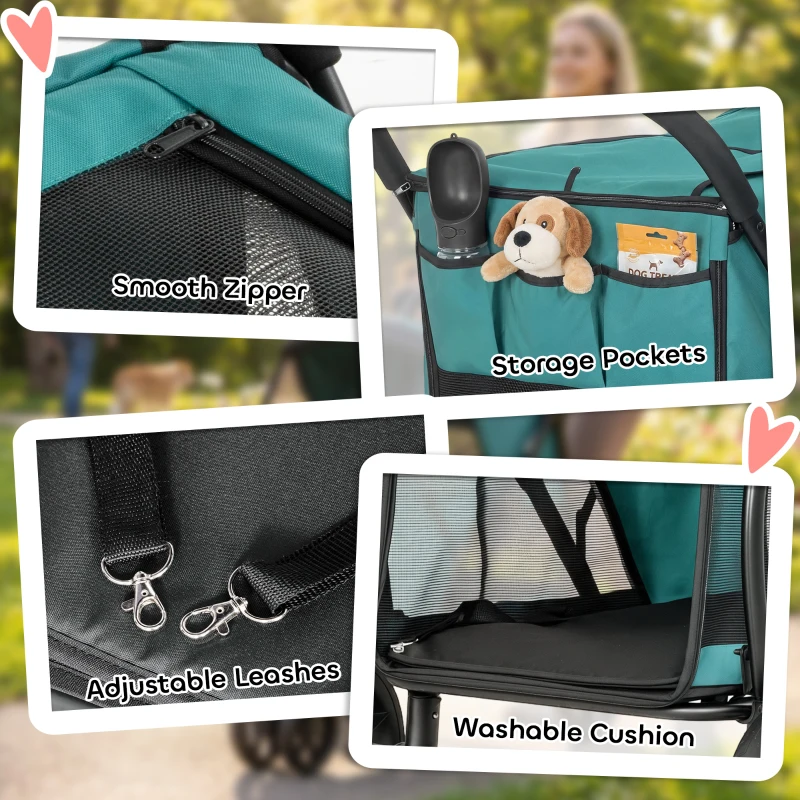 PawHut 3 Wheel Pet Stroller with Easy One-Click Quick Fold, Mesh Window, Washable Cushion, for Medium Dogs, Dark Green