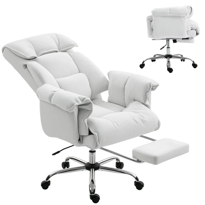 HOMCOM High Back Office Chair, Reclining Desk Chair with Footrest, High Resilience Foam, Rolling Wheels, Cream White