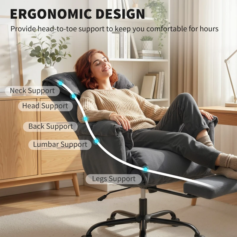 HOMCOM High Back Office Chair, Reclining Desk Chair with Footrest, High Resilience Foam, Rolling Wheels, Dark Gray