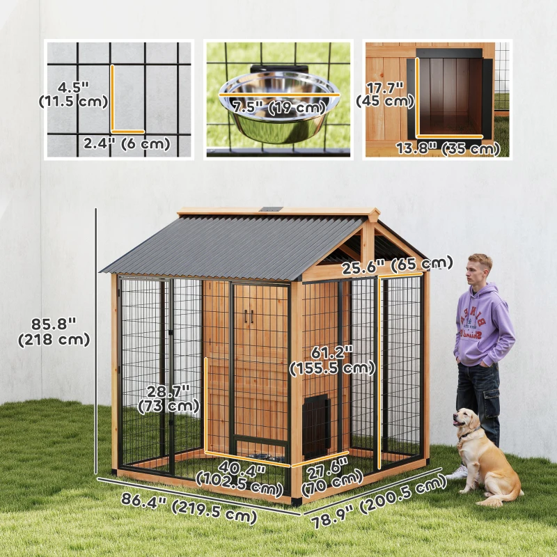 PawHut 86" L Dog House Outdoor, Wooden Dog Kennel with Storage Cabinet, Stainless Steel Bowls for Large Breeds, Yellow
