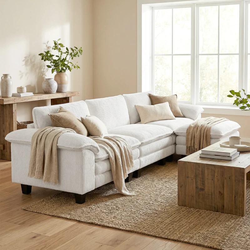 HOMCOM Sectional Sofa, L Shaped Couch with Deep Seat, Movable Ottoman and Pillow-top Armrests, Beige