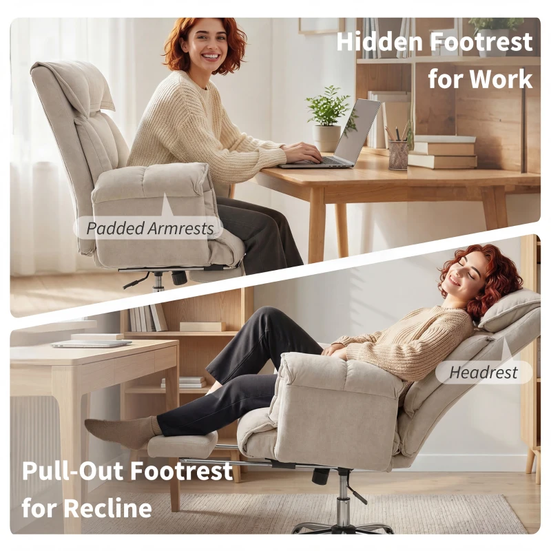 HOMCOM High Back Office Chair, Reclining Desk Chair with Footrest, High Resilience Foam, Rolling Wheels, Light Taupe Gray