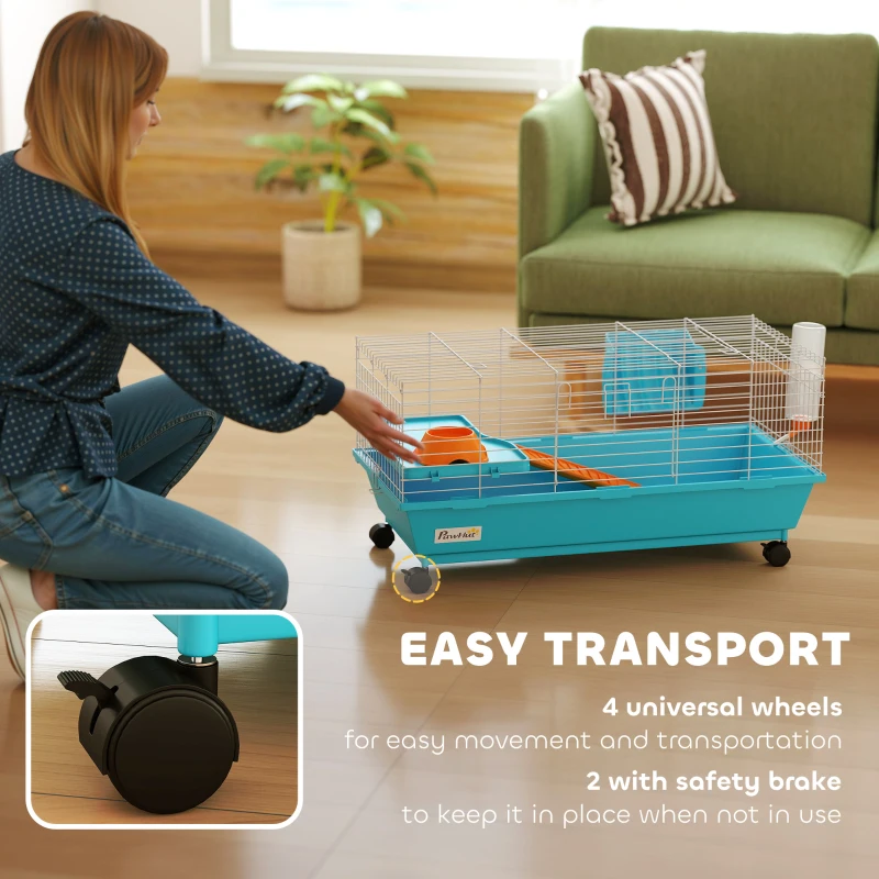 PawHut 35"L Small Animal Cage, Rolling Bunny Cage, Guinea Pig Cage with Wheels, Food Dish, Water Bottle, Hay Feeder, Blue