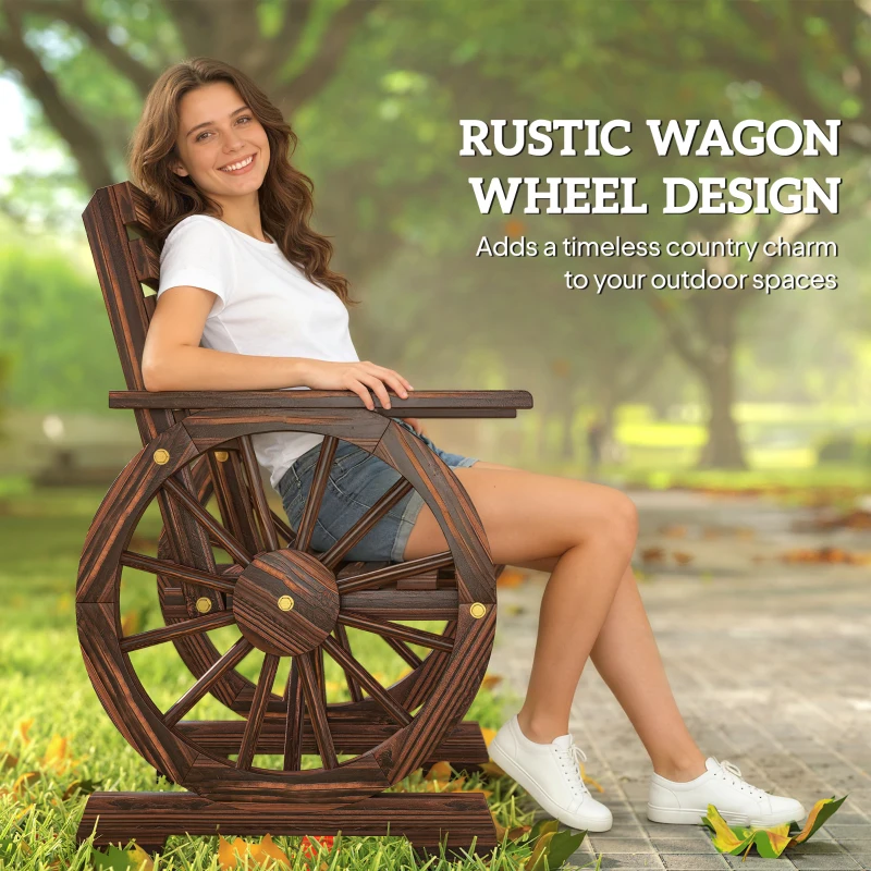Outsunny Wood Outdoor Patio Chair, Lounge Chair with Wagon Wheel Armrests, Slatted Wide Seat, Slanted Backrest, Carbonized